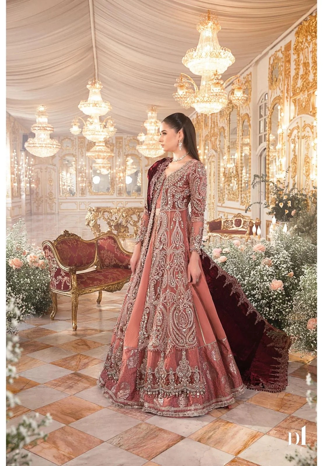 Salmon Pink BD pakistani fashion outfit in pink tones.